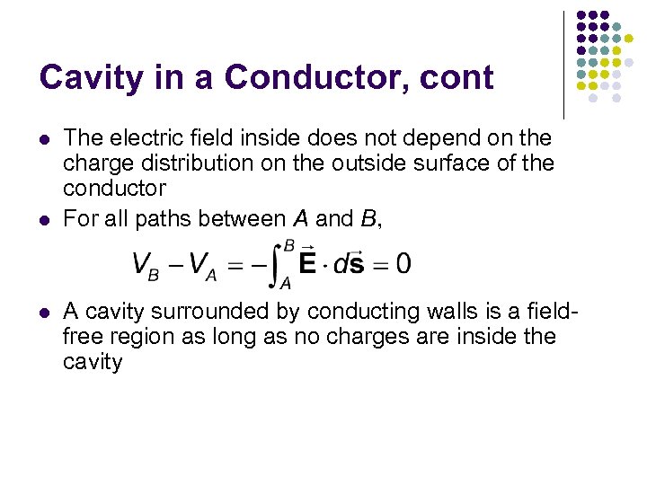 Cavity in a Conductor, cont l l l The electric field inside does not