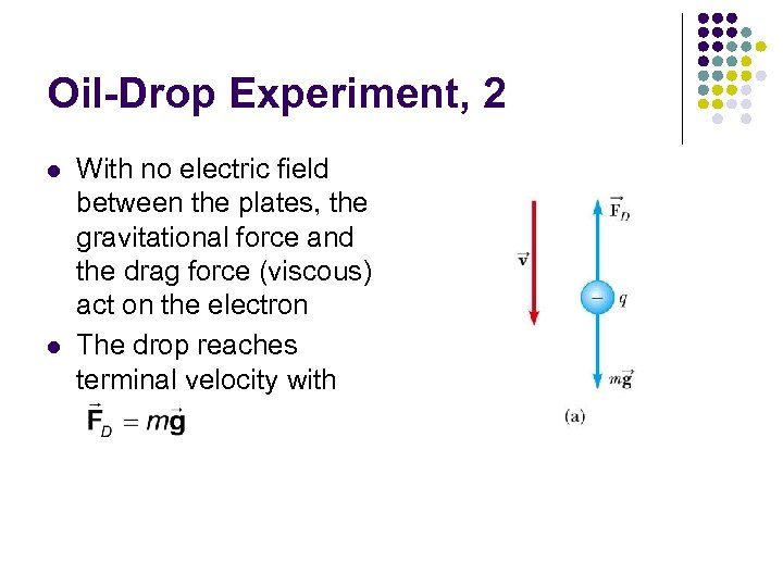 Oil-Drop Experiment, 2 l l With no electric field between the plates, the gravitational