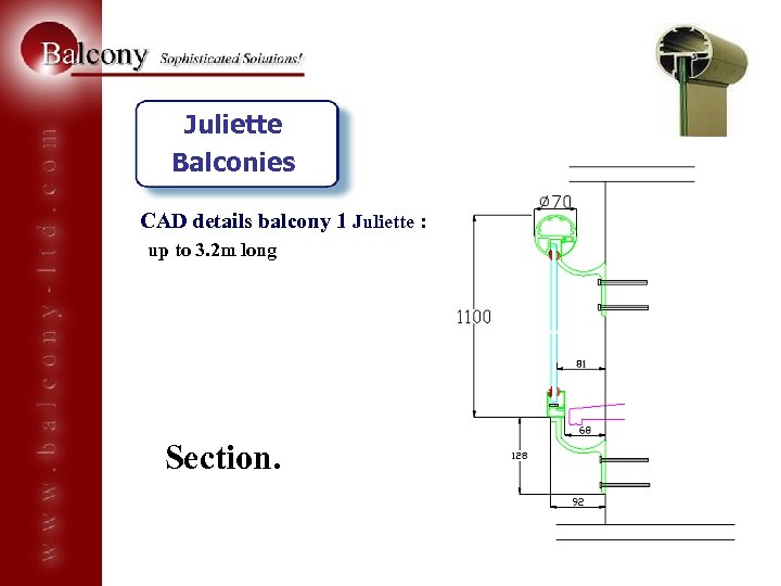 Juliette Balconies CAD details balcony 1 Juliette : up to 3. 2 m long