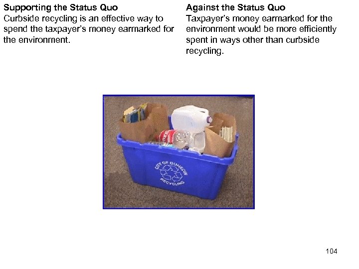 Supporting the Status Quo Curbside recycling is an effective way to spend the taxpayer’s