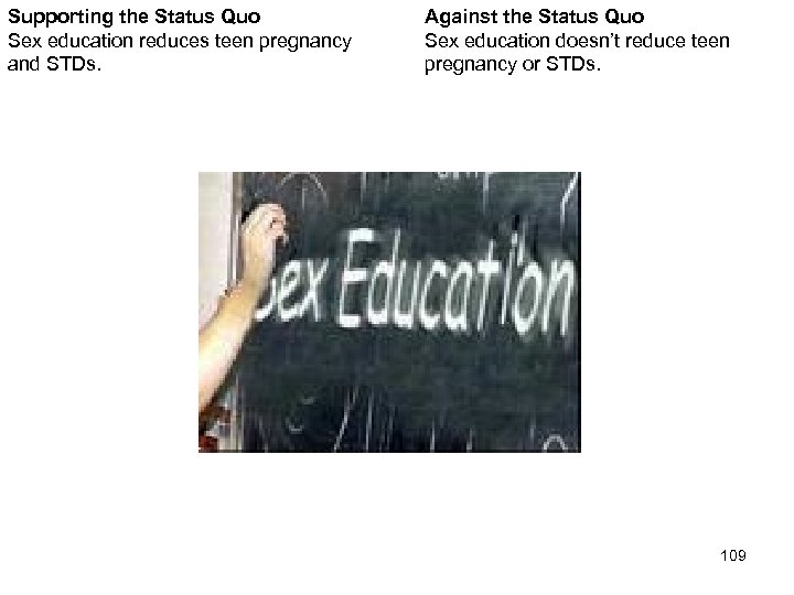 Supporting the Status Quo Sex education reduces teen pregnancy and STDs. Against the Status