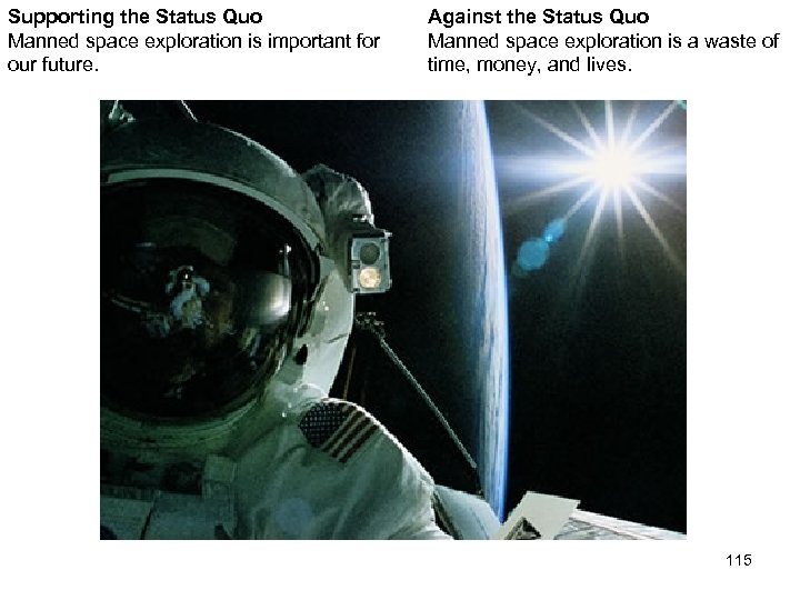 Supporting the Status Quo Manned space exploration is important for our future. Against the