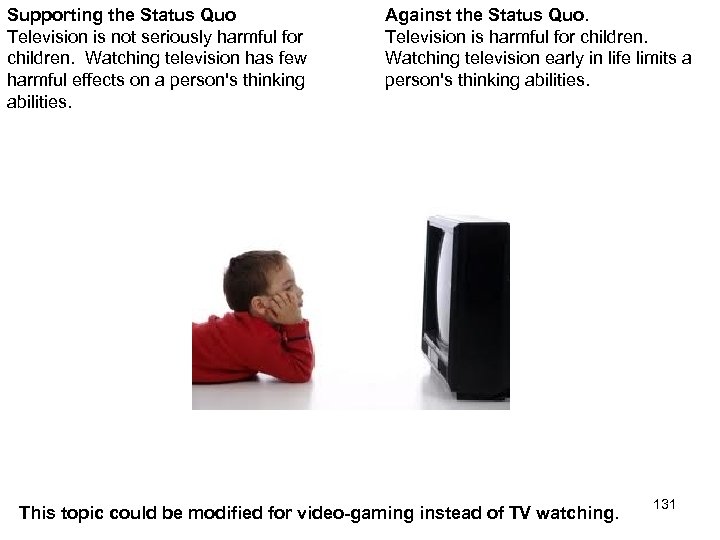 Supporting the Status Quo Television is not seriously harmful for children. Watching television has