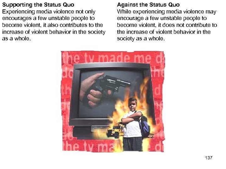 Supporting the Status Quo Experiencing media violence not only encourages a few unstable people