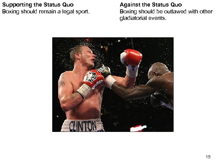 Supporting the Status Quo Boxing should remain a legal sport. Against the Status Quo