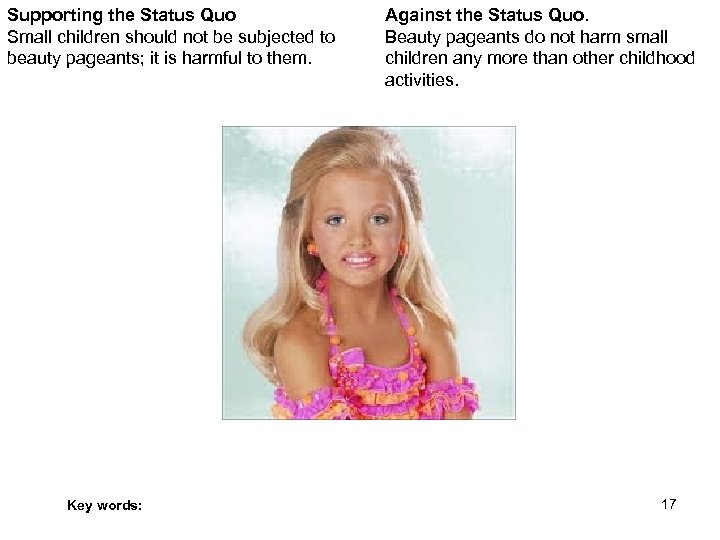 Supporting the Status Quo Small children should not be subjected to beauty pageants; it