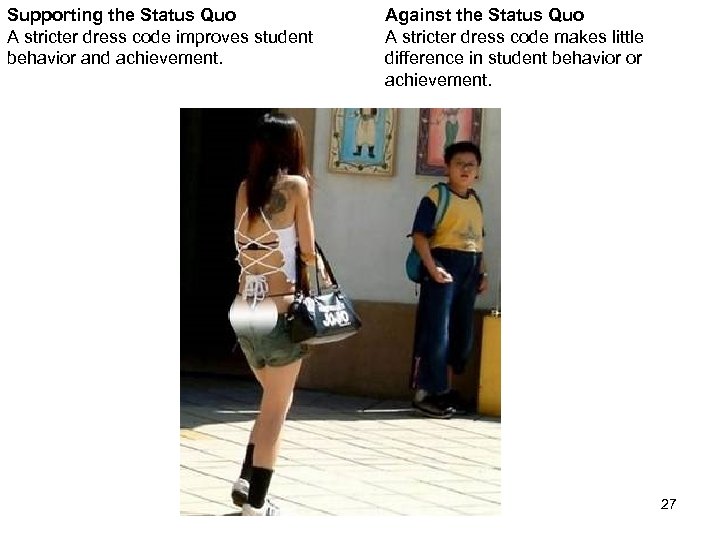 Supporting the Status Quo A stricter dress code improves student behavior and achievement. Against