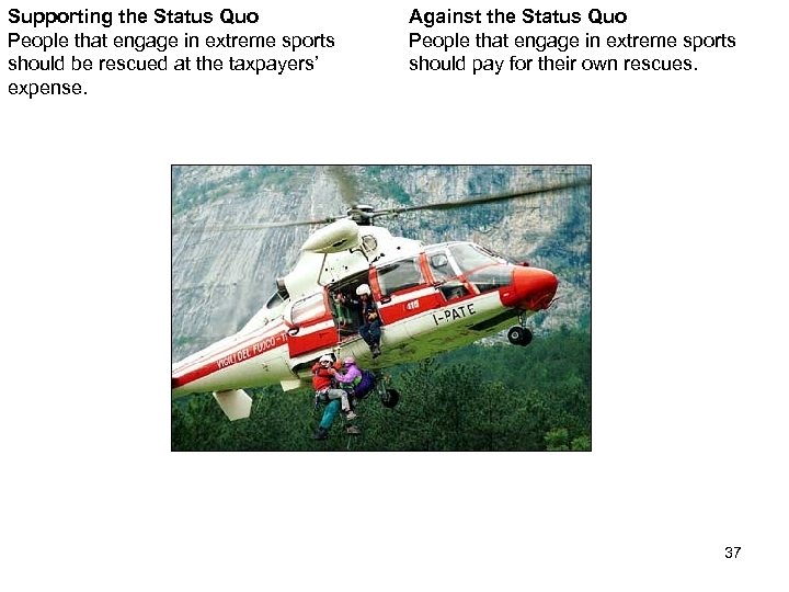 Supporting the Status Quo People that engage in extreme sports should be rescued at