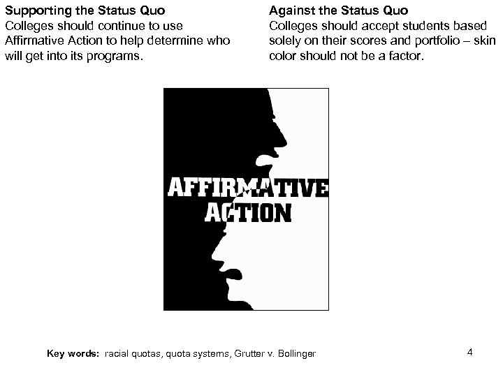 Supporting the Status Quo Colleges should continue to use Affirmative Action to help determine