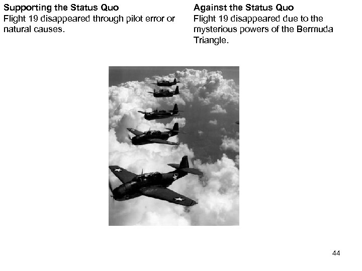 Supporting the Status Quo Flight 19 disappeared through pilot error or natural causes. Against