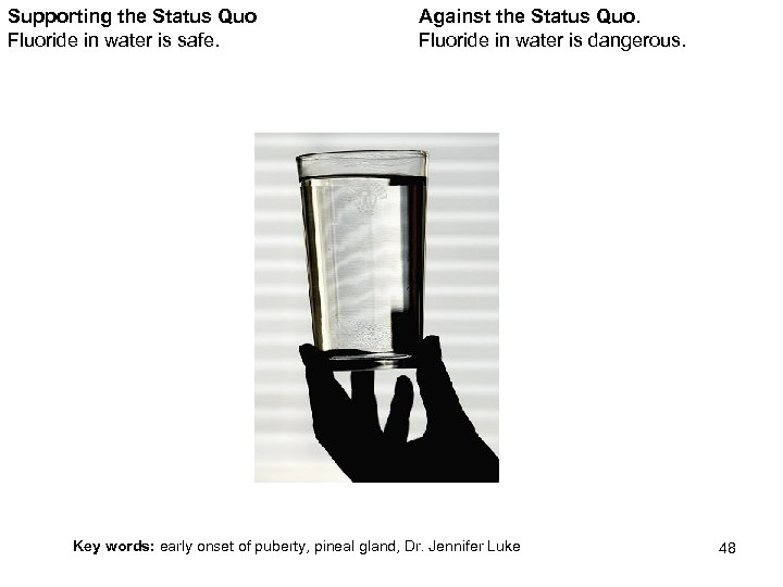 Supporting the Status Quo Fluoride in water is safe. Against the Status Quo. Fluoride