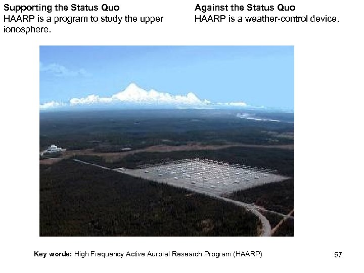 Supporting the Status Quo HAARP is a program to study the upper ionosphere. Against