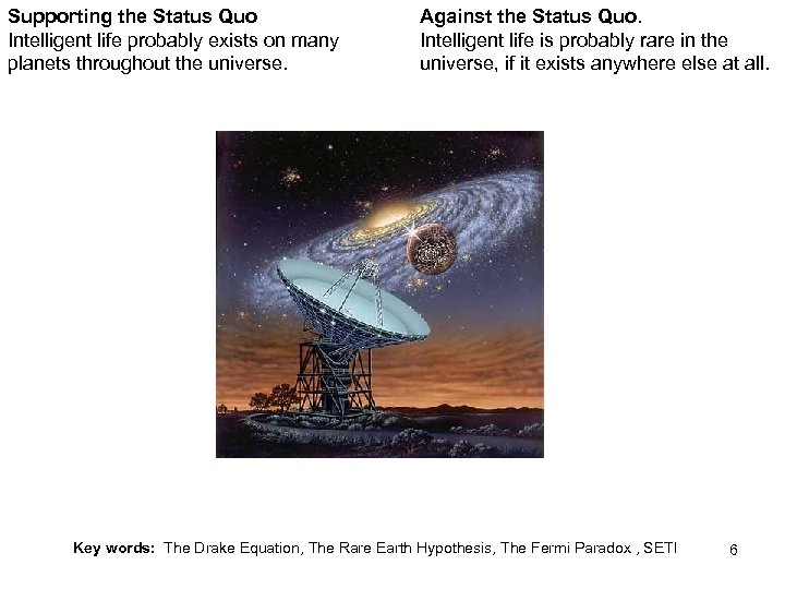 Supporting the Status Quo Intelligent life probably exists on many planets throughout the universe.