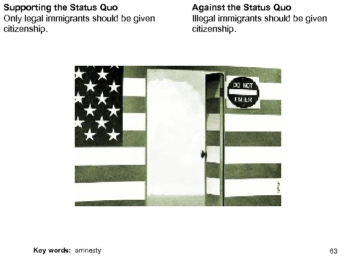 Supporting the Status Quo Only legal immigrants should be given citizenship. Against the Status