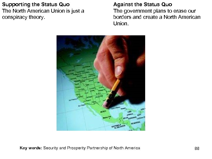 Supporting the Status Quo The North American Union is just a conspiracy theory. Against