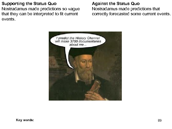 Supporting the Status Quo Nostradamus made predictions so vague that they can be interpreted