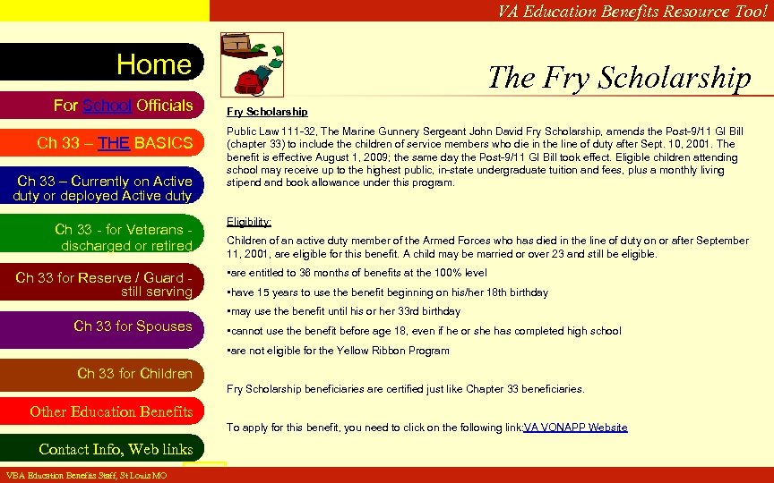 VA Education Benefits Resource Tool Home For School Officials Ch 33 – THE BASICS