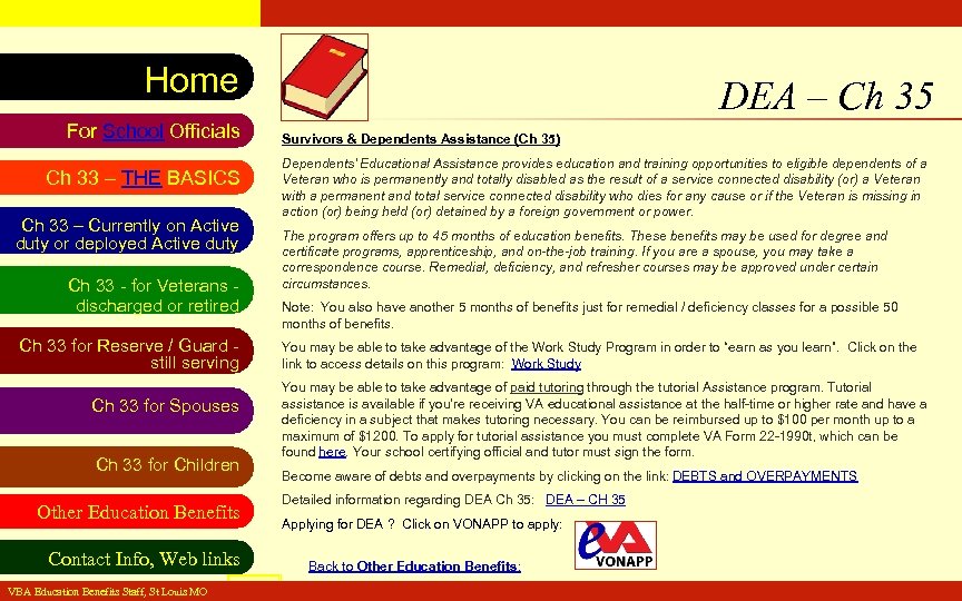 VA Education Benefits Resource Tool Home For School Officials Ch 33 – THE BASICS