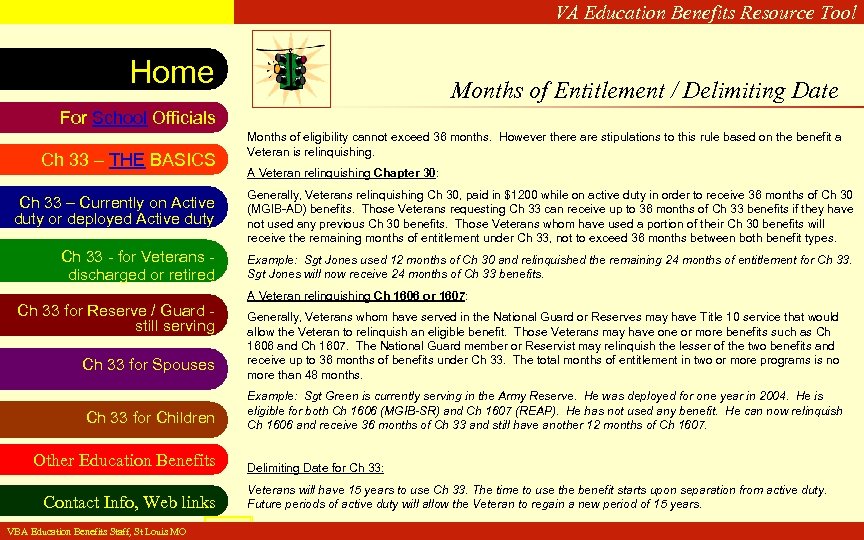 VA Education Benefits Resource Tool Home Months of Entitlement / Delimiting Date For School