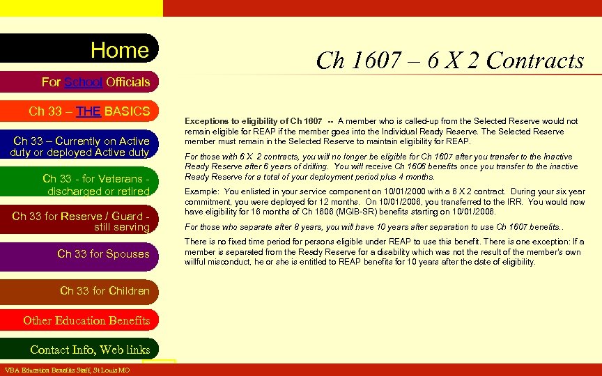 VA Education Benefits Resource Tool Home Ch 1607 – 6 X 2 Contracts For