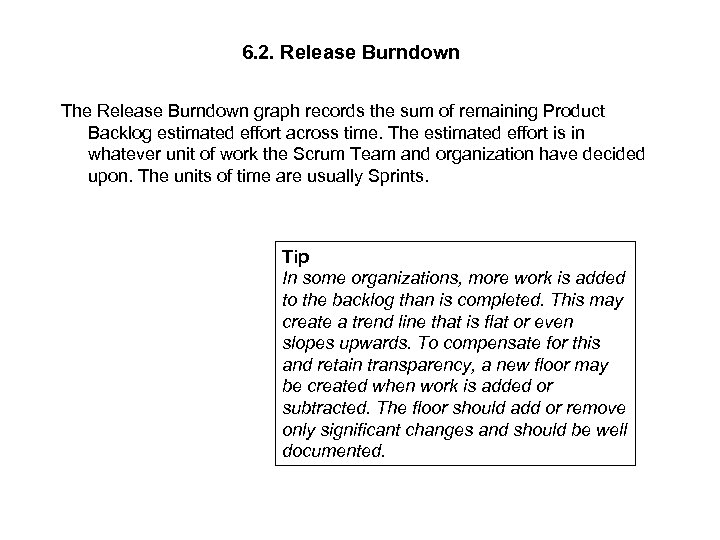 6. 2. Release Burndown The Release Burndown graph records the sum of remaining Product