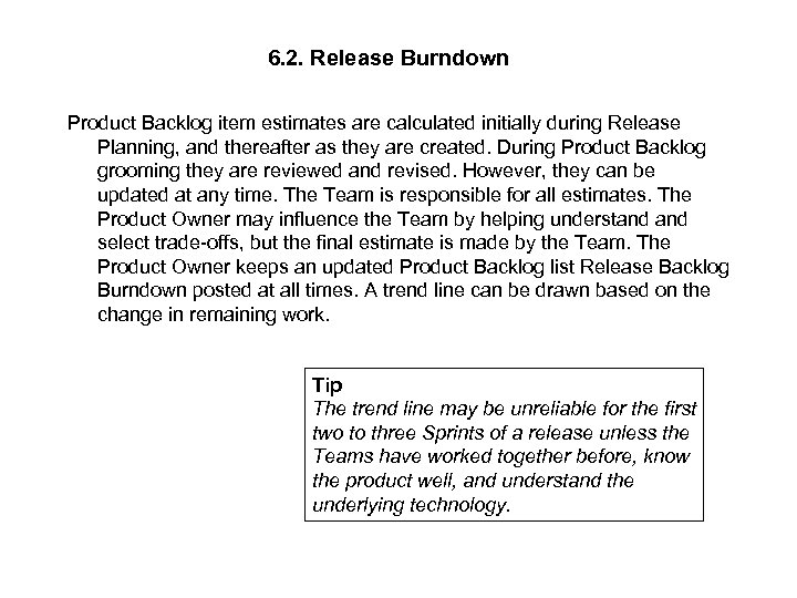 6. 2. Release Burndown Product Backlog item estimates are calculated initially during Release Planning,