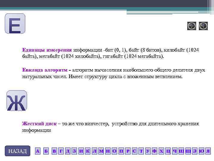 Единицы измерения информации бит (0, 1), байт (8 битов), килобайт (1024 байта), мегабайт (1024