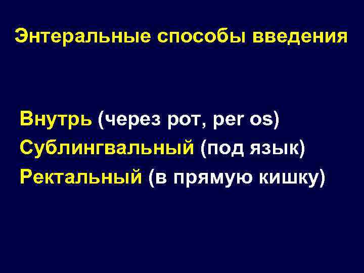 Энтеральные способы введения Внутрь (через рот, per os) Сублингвальный (под язык) Ректальный (в прямую