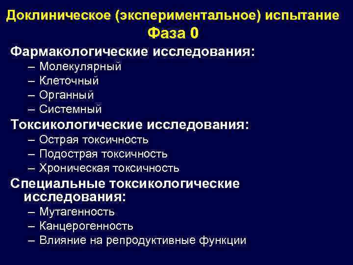 Доклиническое (экспериментальное) испытание Фаза 0 Фармакологические исследования: – – Молекулярный Клеточный Органный Системный Токсикологические