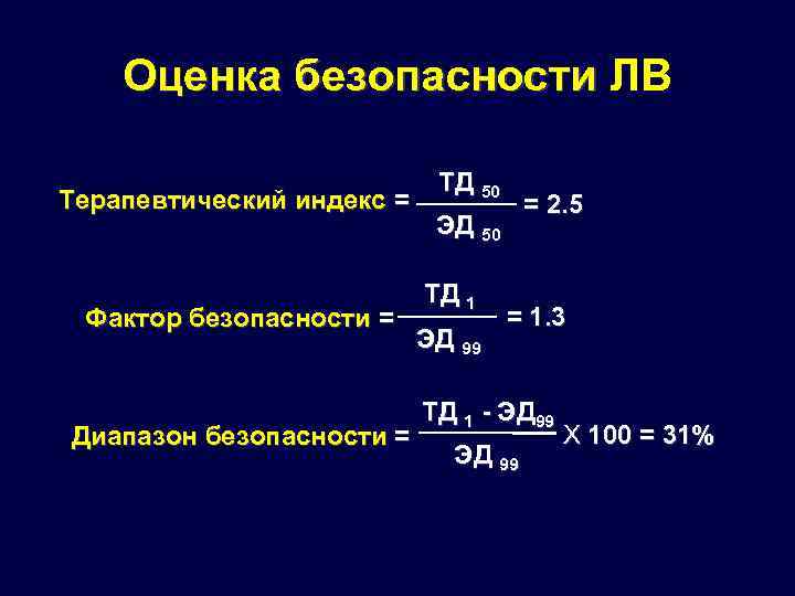 Оценка безопасности ЛВ Оценка безопасности Терапевтический индекс = Фактор безопасности = Диапазон безопасности =