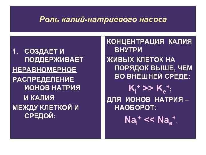 Роль калий-натриевого насоса 1. СОЗДАЕТ И ПОДДЕРЖИВАЕТ НЕРАВНОМЕРНОЕ РАСПРЕДЕЛЕНИЕ ИОНОВ НАТРИЯ И КАЛИЯ МЕЖДУ