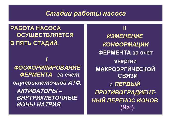Стадии работы насоса РАБОТА НАСОСА ОСУЩЕСТВЛЯЕТСЯ В ПЯТЬ СТАДИЙ. I ФОСФОРИЛИРОВАНИЕ ФЕРМЕНТА за счет