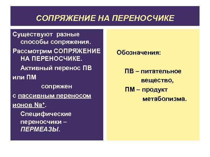СОПРЯЖЕНИЕ НА ПЕРЕНОСЧИКЕ Существуют разные способы сопряжения. Рассмотрим СОПРЯЖЕНИЕ НА ПЕРЕНОСЧИКЕ. Активный перенос ПВ