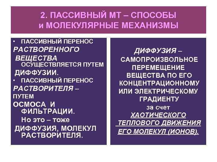 2. ПАССИВНЫЙ МТ – СПОСОБЫ и МОЛЕКУЛЯРНЫЕ МЕХАНИЗМЫ • ПАССИВНЫЙ ПЕРЕНОС РАСТВОРЕННОГО ВЕЩЕСТВА ОСУЩЕСТВЛЯЕТСЯ
