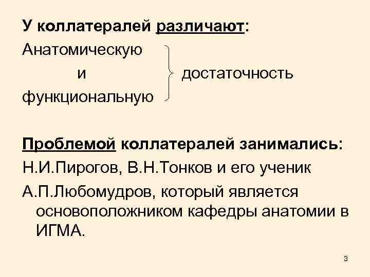 У коллатералей различают: Анатомическую и достаточность функциональную Проблемой коллатералей занимались: Н. И. Пирогов, В.
