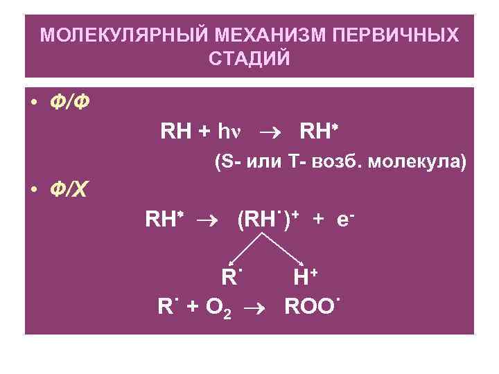 МОЛЕКУЛЯРНЫЙ МЕХАНИЗМ ПЕРВИЧНЫХ СТАДИЙ • Ф/Ф RH + hν RH (S- или T- возб.