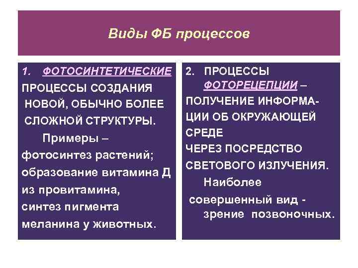 Виды ФБ процессов 1. ФОТОСИНТЕТИЧЕСКИЕ ПРОЦЕССЫ СОЗДАНИЯ НОВОЙ, ОБЫЧНО БОЛЕЕ СЛОЖНОЙ СТРУКТУРЫ. Примеры –