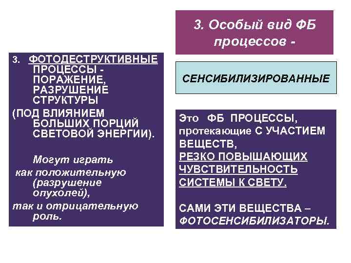 3. Особый вид ФБ процессов 3. ФОТОДЕСТРУКТИВНЫЕ ПРОЦЕССЫ ПОРАЖЕНИЕ, РАЗРУШЕНИЕ СТРУКТУРЫ (ПОД ВЛИЯНИЕМ БОЛЬШИХ