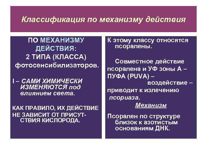 Классификация по механизму действия ПО МЕХАНИЗМУ ДЕЙСТВИЯ: 2 ТИПА (КЛАССА) фотосенсибилизаторов. I – САМИ