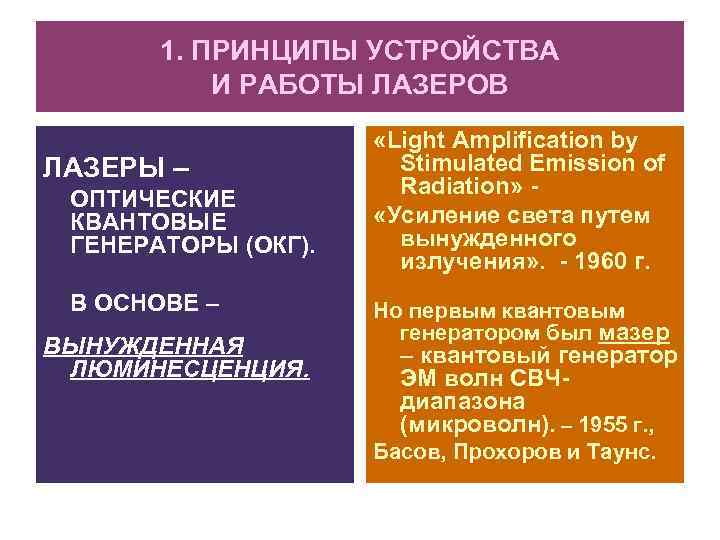 1. ПРИНЦИПЫ УСТРОЙСТВА И РАБОТЫ ЛАЗЕРОВ ЛАЗЕРЫ – ОПТИЧЕСКИЕ КВАНТОВЫЕ ГЕНЕРАТОРЫ (ОКГ). В ОСНОВЕ