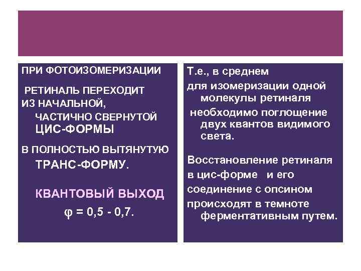 ПРИ ФОТОИЗОМЕРИЗАЦИИ РЕТИНАЛЬ ПЕРЕХОДИТ ИЗ НАЧАЛЬНОЙ, ЧАСТИЧНО СВЕРНУТОЙ ЦИС-ФОРМЫ В ПОЛНОСТЬЮ ВЫТЯНУТУЮ ТРАНС-ФОРМУ. КВАНТОВЫЙ