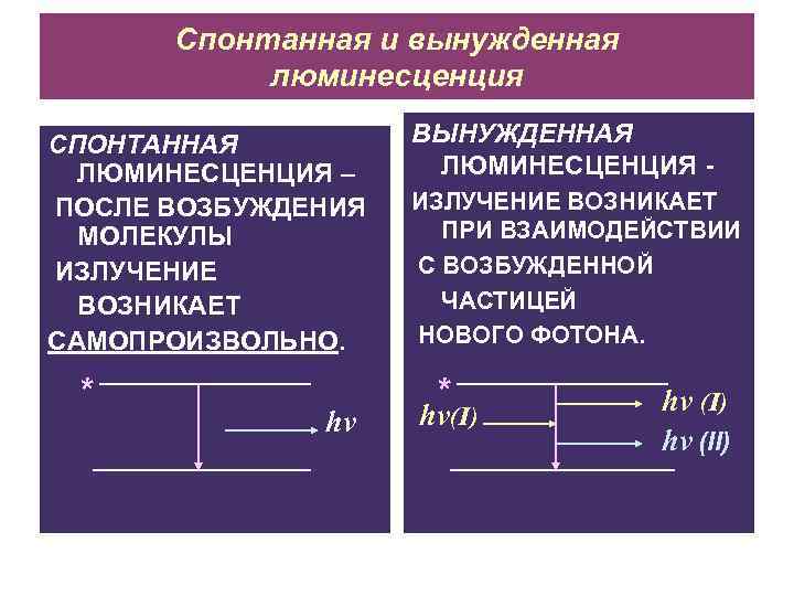 Спонтанная и вынужденная люминесценция СПОНТАННАЯ ЛЮМИНЕСЦЕНЦИЯ – ПОСЛЕ ВОЗБУЖДЕНИЯ МОЛЕКУЛЫ ИЗЛУЧЕНИЕ ВОЗНИКАЕТ САМОПРОИЗВОЛЬНО. *