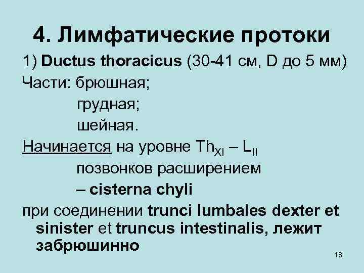 4. Лимфатические протоки 1) Ductus thoracicus (30 -41 cм, D до 5 мм) Части: