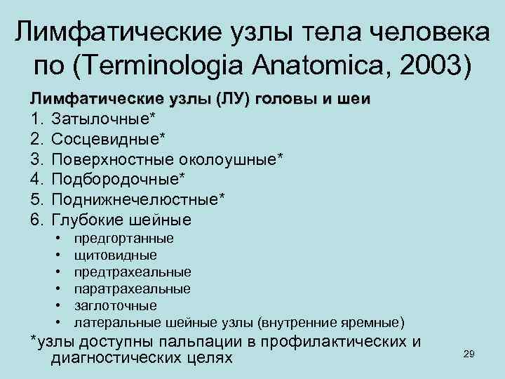 Лимфатические узлы тела человека по (Terminologia Anatomica, 2003) Лимфатические узлы (ЛУ) головы и шеи