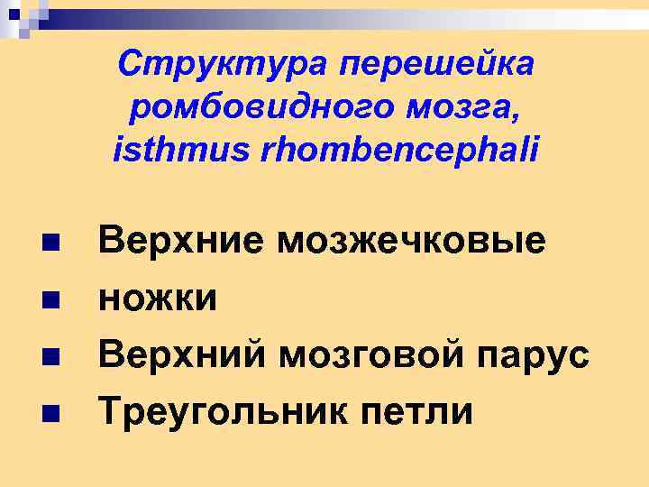 Структура перешейка ромбовидного мозга, isthmus rhombencephali n n Верхние мозжечковые ножки Верхний мозговой парус