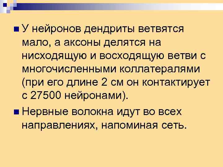 n. У нейронов дендриты ветвятся мало, а аксоны делятся на нисходящую и восходящую ветви