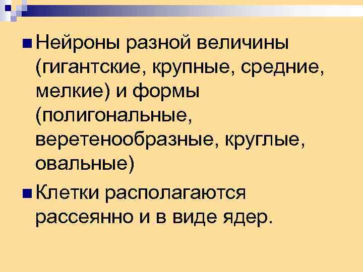 n Нейроны разной величины (гигантские, крупные, средние, мелкие) и формы (полигональные, веретенообразные, круглые, овальные)