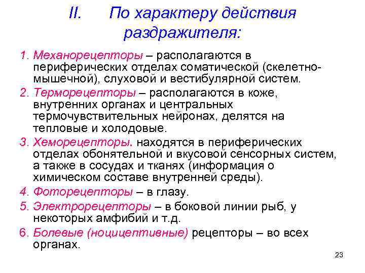 II. По характеру действия раздражителя: 1. Механорецепторы – располагаются в периферических отделах соматической (скелетномышечной),