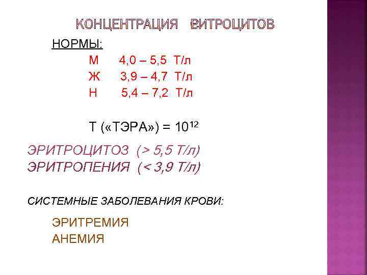 НОРМЫ: М Ж Н 4, 0 – 5, 5 Т/л 3, 9 – 4,