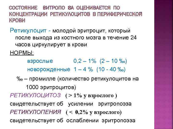 Ретикулоцит - молодой эритроцит, который после выхода из костного мозга в течение 24 часов